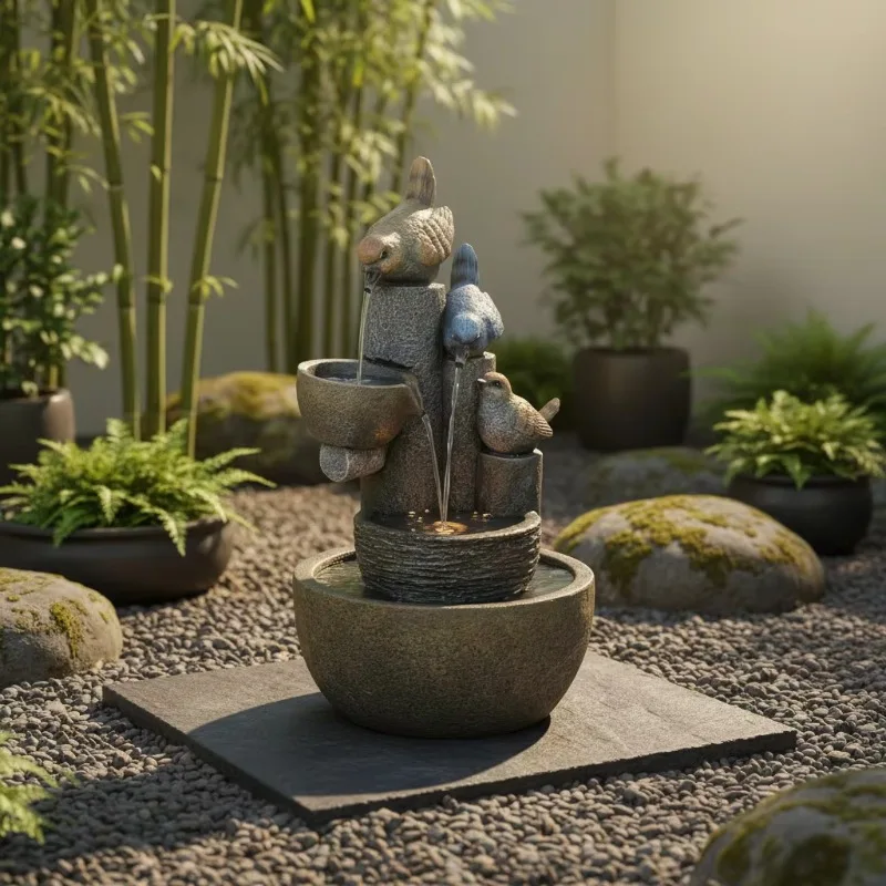 Multi Tier Stone Texture Resin Bird Statue Water Flow Ornament Indoor Outdoor Garden Courtyard Bird Bath Craft Furnishing Decor