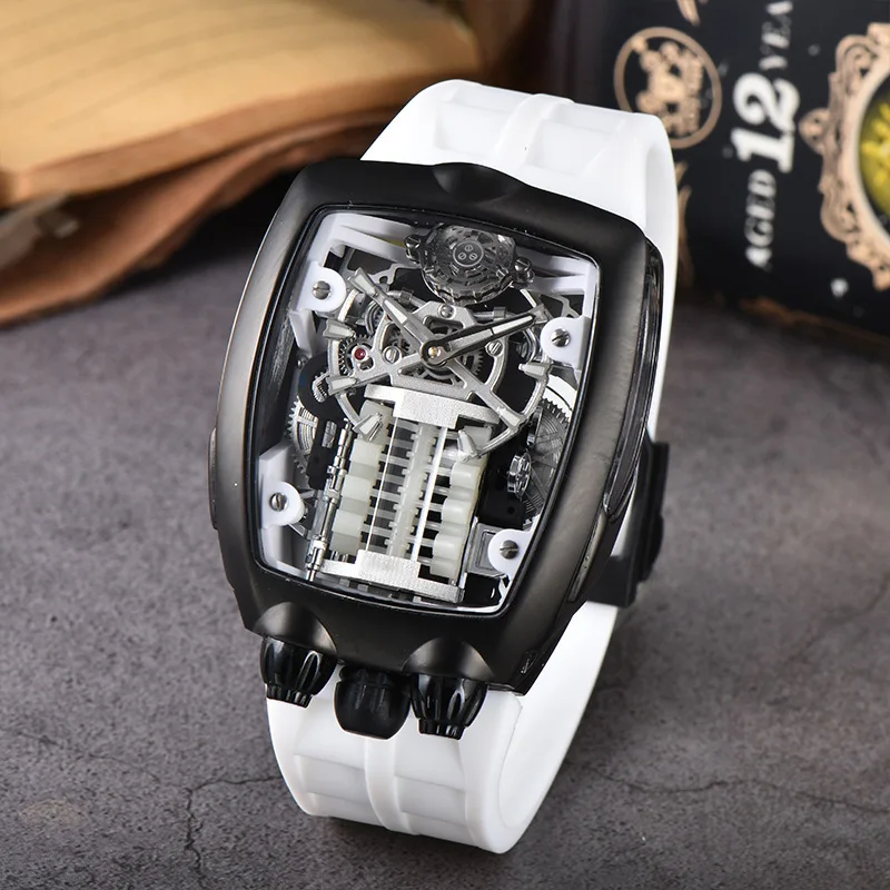 Новые мужские спортивные часы с циферблатом двигателя автомобиля, многоцветный пластиковый ремешок, модные часы с вырезами