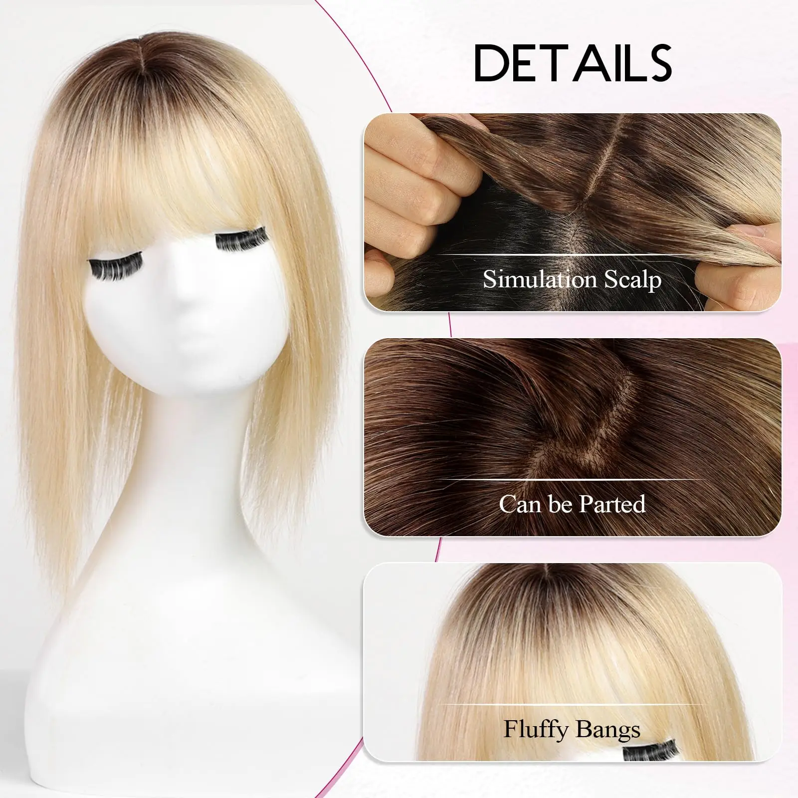 Toppers de cabelo humano loiro marrom ombre para mulheres perda de cabelo 14 polegadas topper de cabelo humano real com franja 5x5.5 polegadas 3 clipes base de seda
