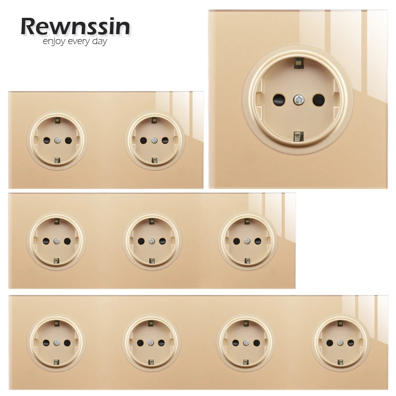 Glass Panel EU Electrical Luxury Golden Modern Style 1 2 3 4 Gang European Plug Wall Outlets Dual USB Charging Socket