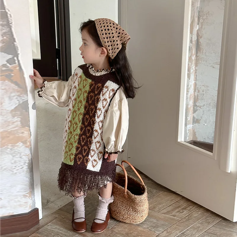 2024 Autumn Children Clothing Sweater Girls Knitted Tassel Vest Skirt Children Woolen Vest Outer Wear