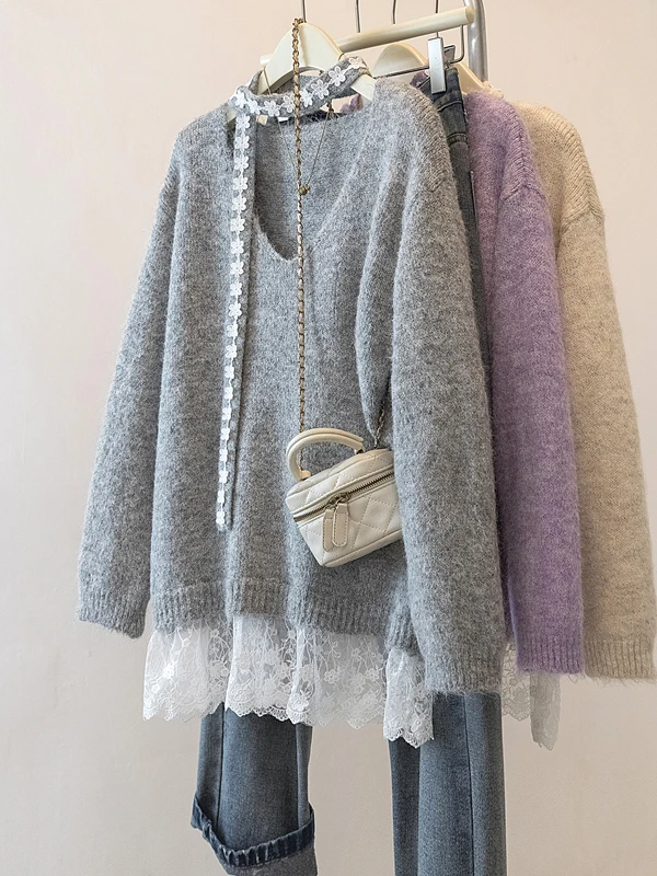 Lace Splicing Fake Two-Piece V-Ne Knitted Sweater Women's Autumn Winter New Large Size Beautiful TopMM plus Size Faion