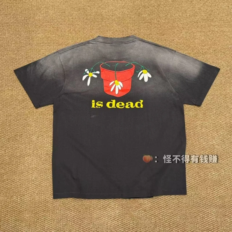 Authentic SAINT Plant-Print Washed Tee Black Hip-Hop Retro Casual Cotton Seamless T-Shirt