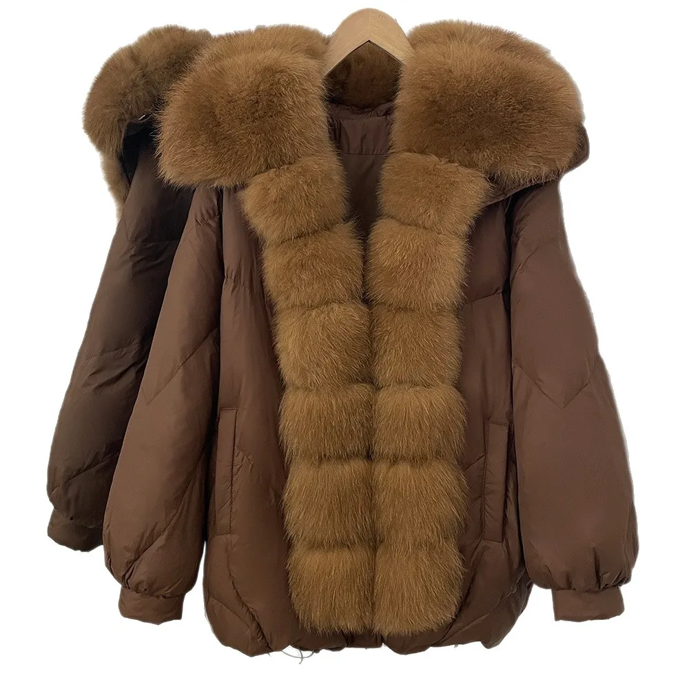 سترات قصيرة غير رسمية على الموضة الكورية للشتاء لعام 2025 بياقة من فرو الثعلب الحقيقي وأكمام طويلة معطف سميك للنساء معاطف خارجية