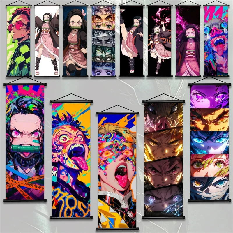 

Demon Slayer Nezuko Kamado & Tanjiro Neon Style Anime Fabric Wall Art Poster Hanging Scroll for Bedroom Gaming Room Home Decor