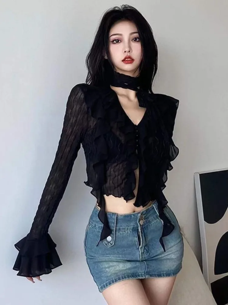 V Neck Sexy Black Crop Blouse Women Ruffled Slim Harajuku Slim Fit Tops Y2k Aesthetic Bandage Grunge Blusas Streetwear De Mujer