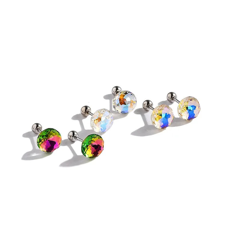 925 Sterling Silver Crystal Round Shape Color Stud Earrings for Girls Shiny Ear Bone Nail Screw Earring Ladies Luxury Jewelry