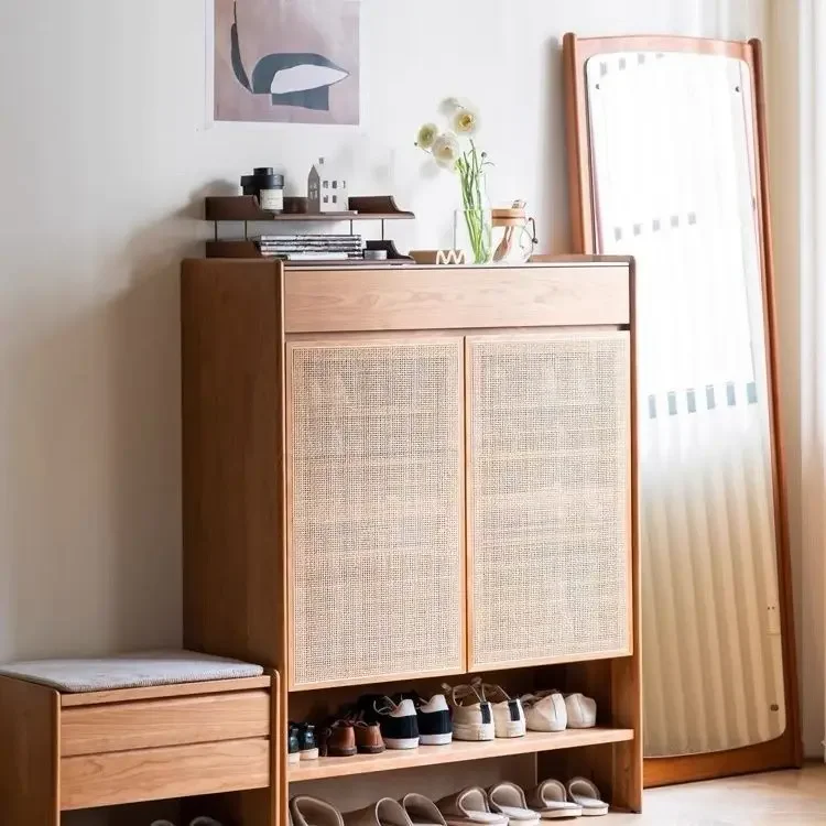 Solid wood rattan woven foyer cabinet, Japanese style, opposite door storage  hall  entrance door shoe