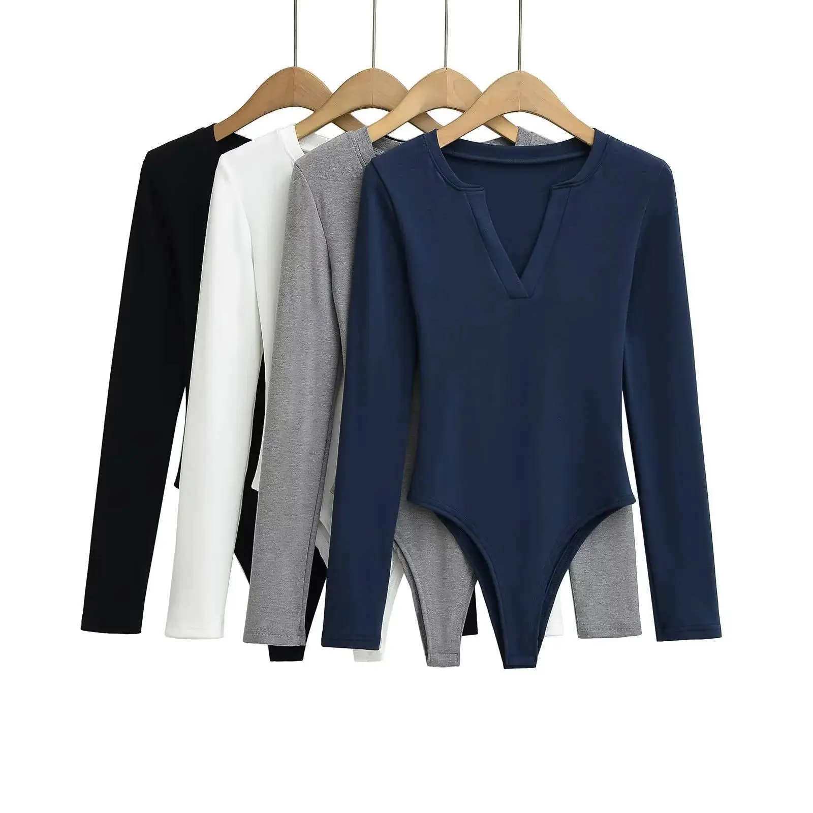 

Women Long Sleeve V-neck Bodysuits Solid Color Elastic Slim Top Jumpsuits