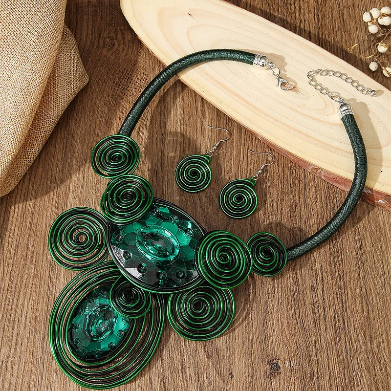 UDDEIN Handmade Weave Aluminum Wire Big Gem Necklace & Pendant Vintage Jewelry Sets Party Collar Earrings Set
