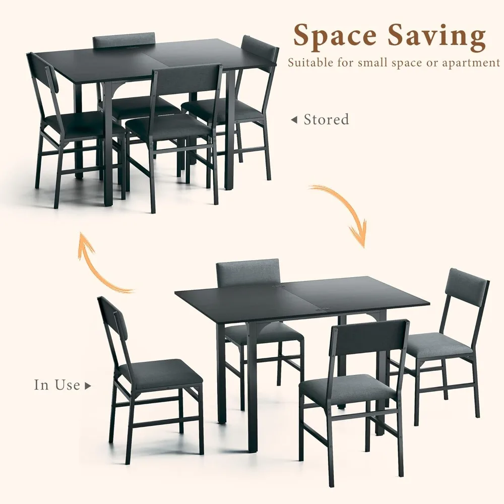 Extendable Kitchen Table Cushion Chairs Set , Rectangle Dining Table with Metal Frame & MDF Board, Folding