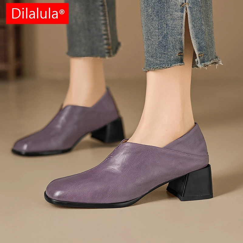 Dilalula 2026 New Sheepskin Leather Pumps Women Med Chunky Heels Slip On Shoes Female Comfortable Real Leather Pumps Autumn