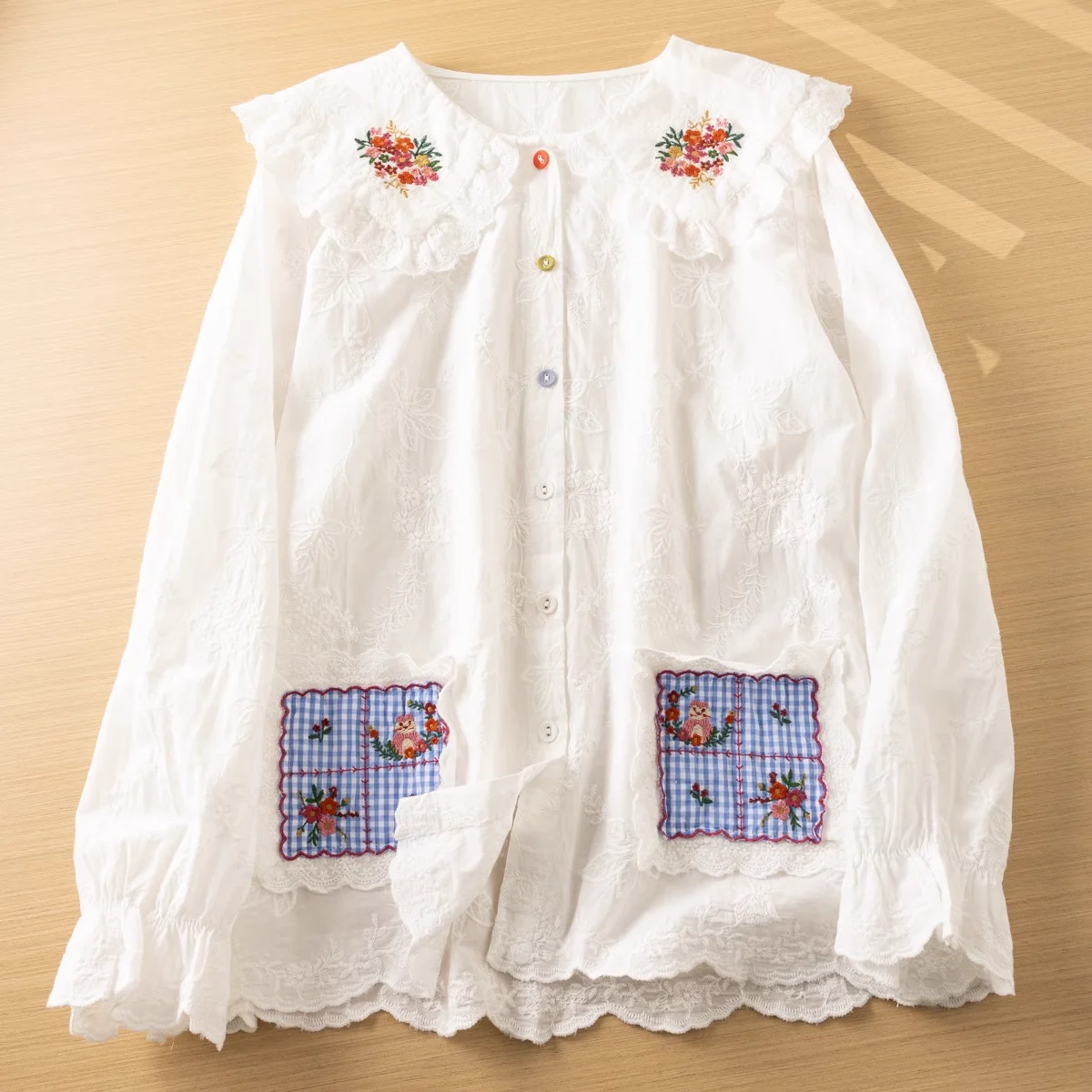 Early Autumn Mori Girl Style Flowers Embroidery Long Sleeve Shirt Women Lace Patchwork Loose Blouse Lolita Mori Kei Clothing