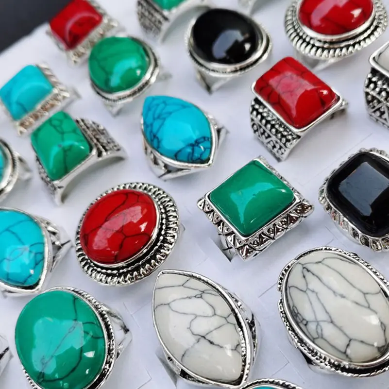 Wholesale 10pcs/Lot Multicolor Stone Turquoise Rings for Women Mix Style Vintage Geometric Finger Ring Jewelry Party Gifts