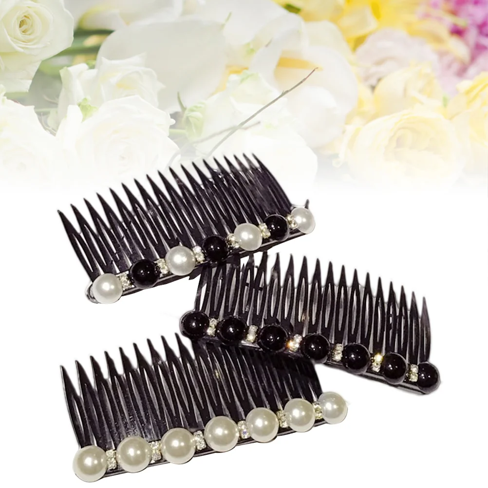 

3pcs Handmade Pearl Comb Headdress Rhinestone Decor Contrast Color Comb Headdress for Woman Lady Female (Black, White, Black and