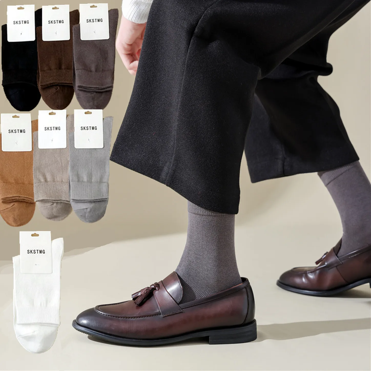 Calcetines blancos de algodón absorbentes de humedad para hombre, medias informales de longitud media con estampado en caliente para negocios, para las cuatro estaciones