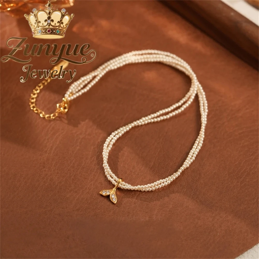 A Fishtail Double-Layered Pearl Necklace With A Collarbone Chain Design And A Millet Grain Neckchain Fashion Exquisite Jewelry