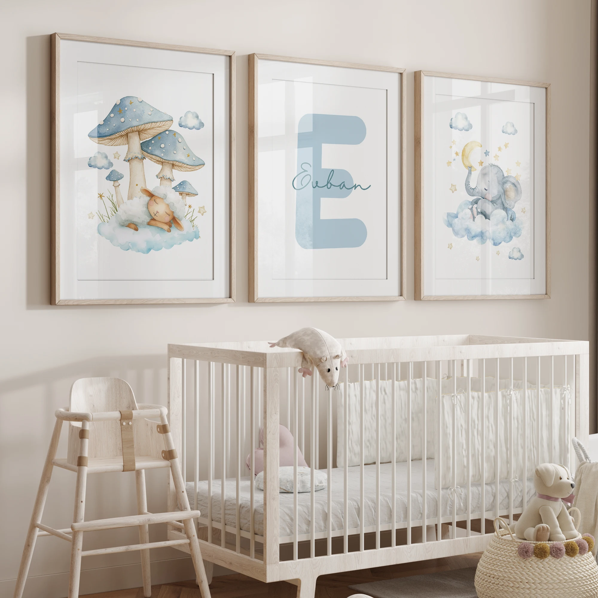 

3pcs Personalized Name Custom Elephant Sheep Blue Mushroom White Cloud Wall Art Print Picture Living Room Kids Room Home Decor