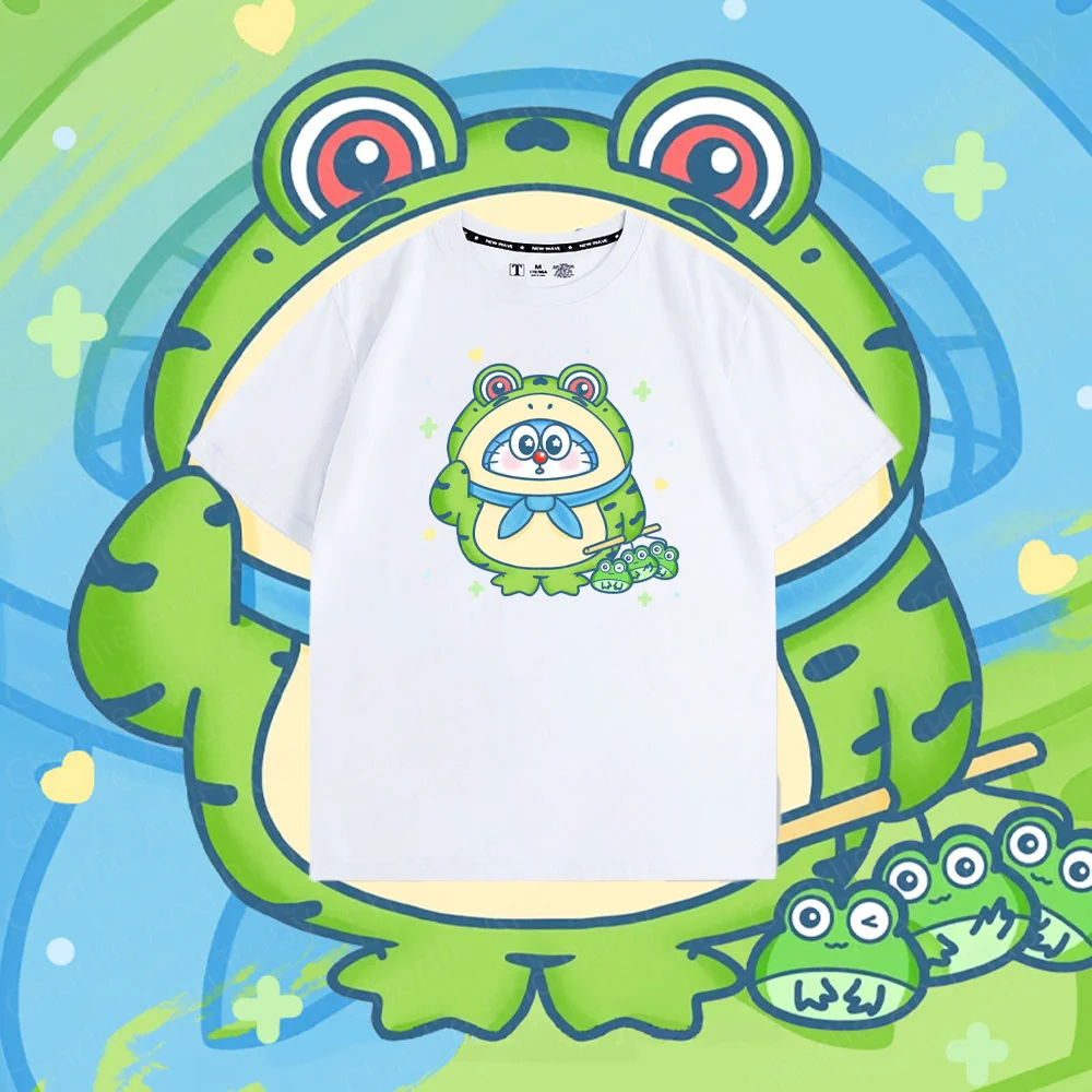 Doraemon Green Frog Cute Printed Cotton Round Neck Short Sleeve T-Shirt Men's And Women's Summer Trend Fashion Top