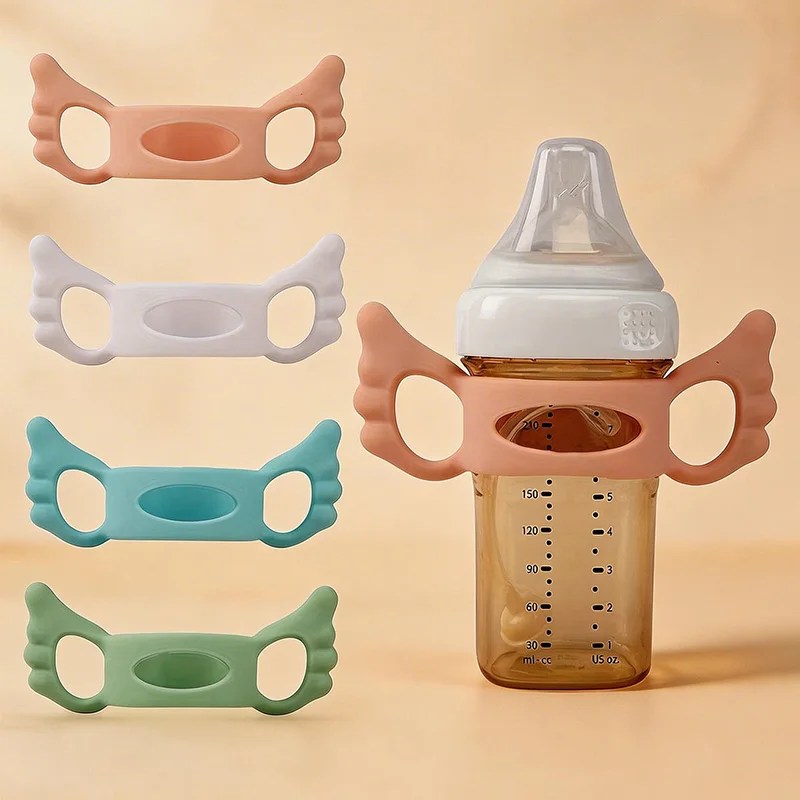 2pcs (Random-Color) Silicone Handle Sleeve, Angel Wings Wide-Neck Baby Bottle Handle, Soft and Elastic Feeding Bottle Accessory