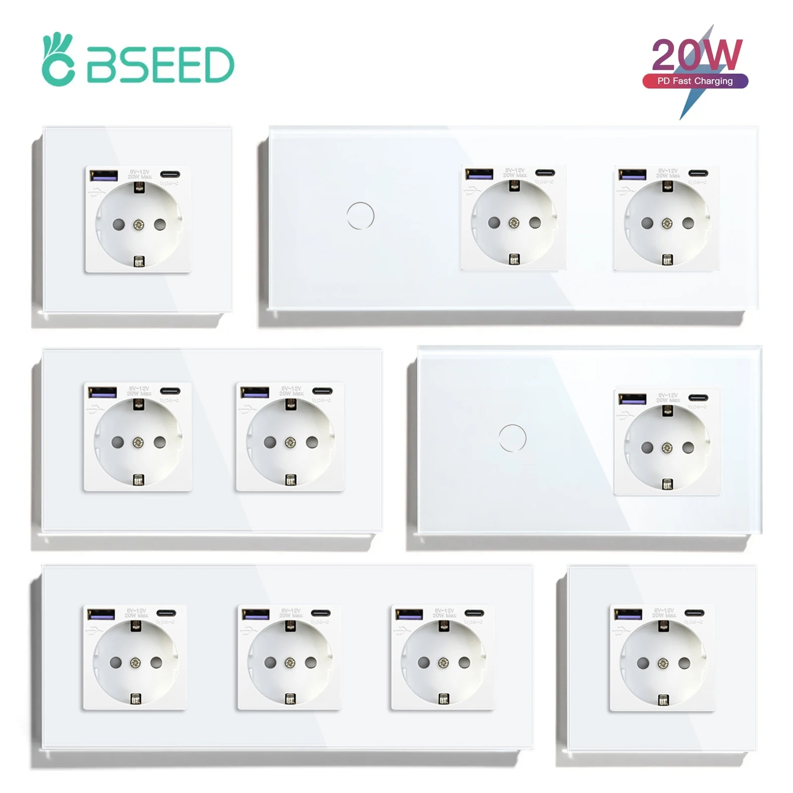 BSEED Touch Switch With EU Socket Fast Charge 20W Wall Light Switch 1/2/3Gang 1Way Glass Panel Backlight USB Phone Wall Socket