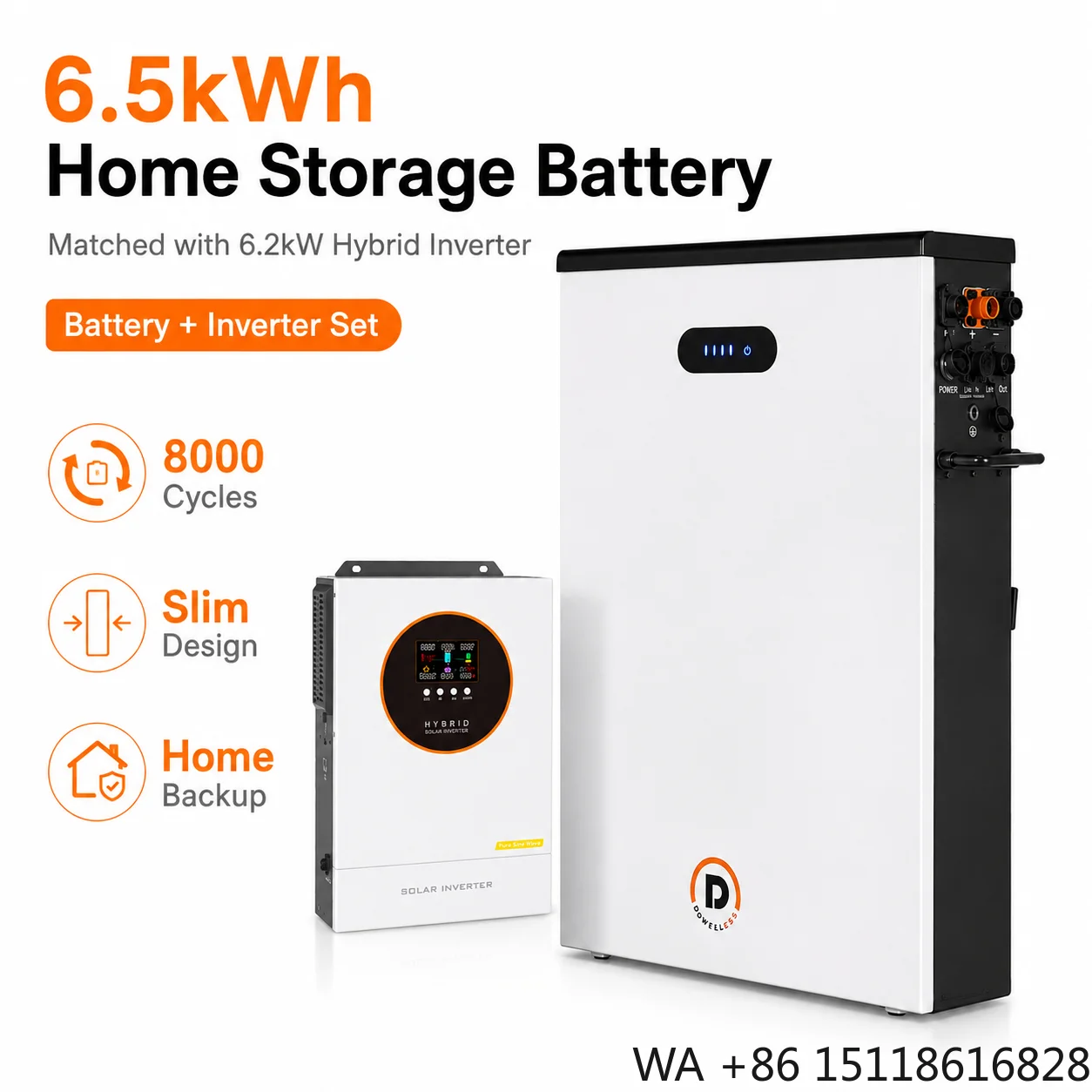 6.5kWh 51.2V LiFePO4 Battery Pack Smart BMS with 6.2kW Hybrid Solar Inverter  Home Energy Storage System Kit