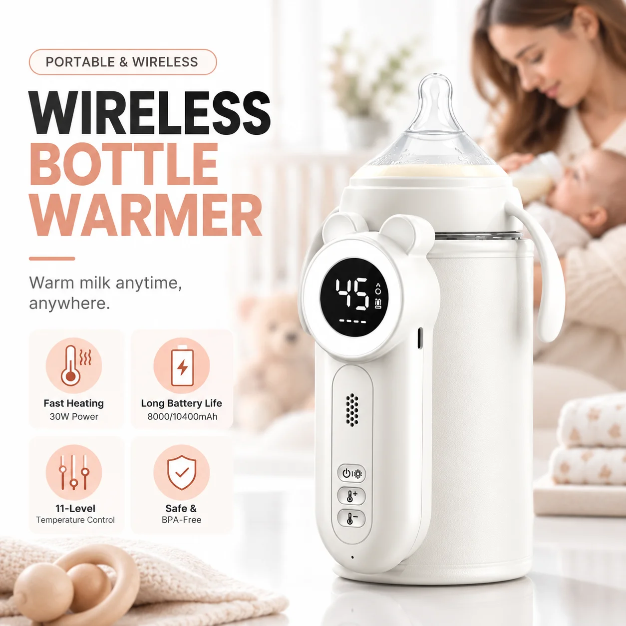 Portable Baby Bottle Warmer 8000mAh Rechargeable Wireless Milk Warmer Fast Heating 12-Level Temperature Control °C/°F for Travel