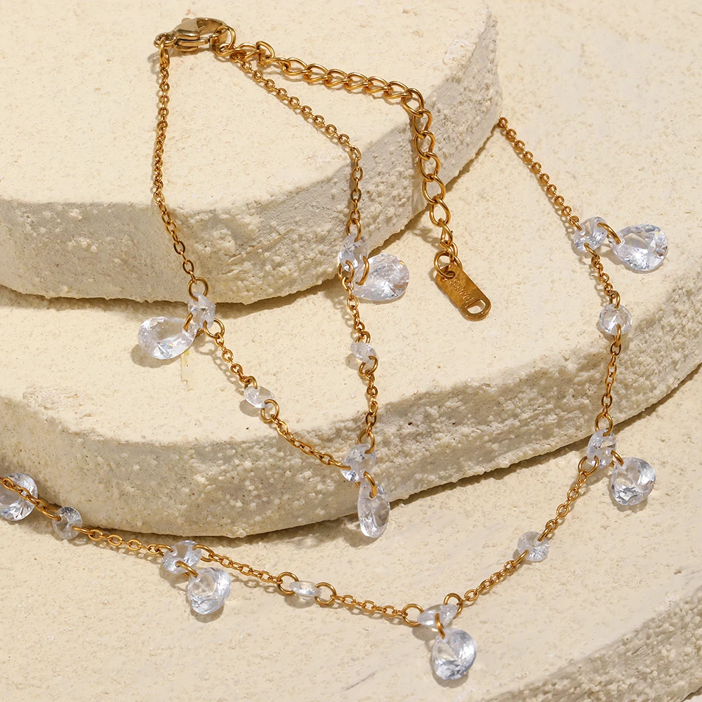 E.B.belle Irregular Zircon Tassel O Shaped Chain Necklace And Bracelet Geometric Zircon Connect With Chain Jewelry Set
