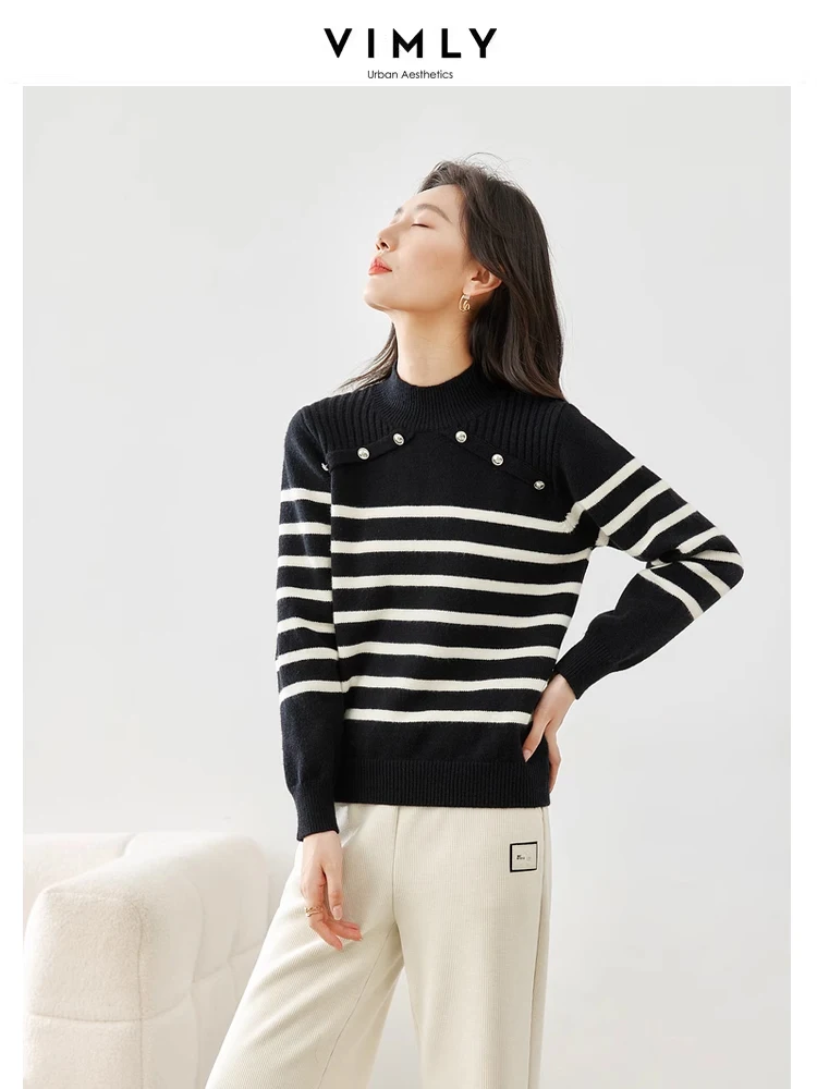 

Vimly Fashion Casual Drop Sleeve Knitted Sweater Contrast Striped O-neck Pullovers High Strecth Long Sleeve Top for Woman 72776