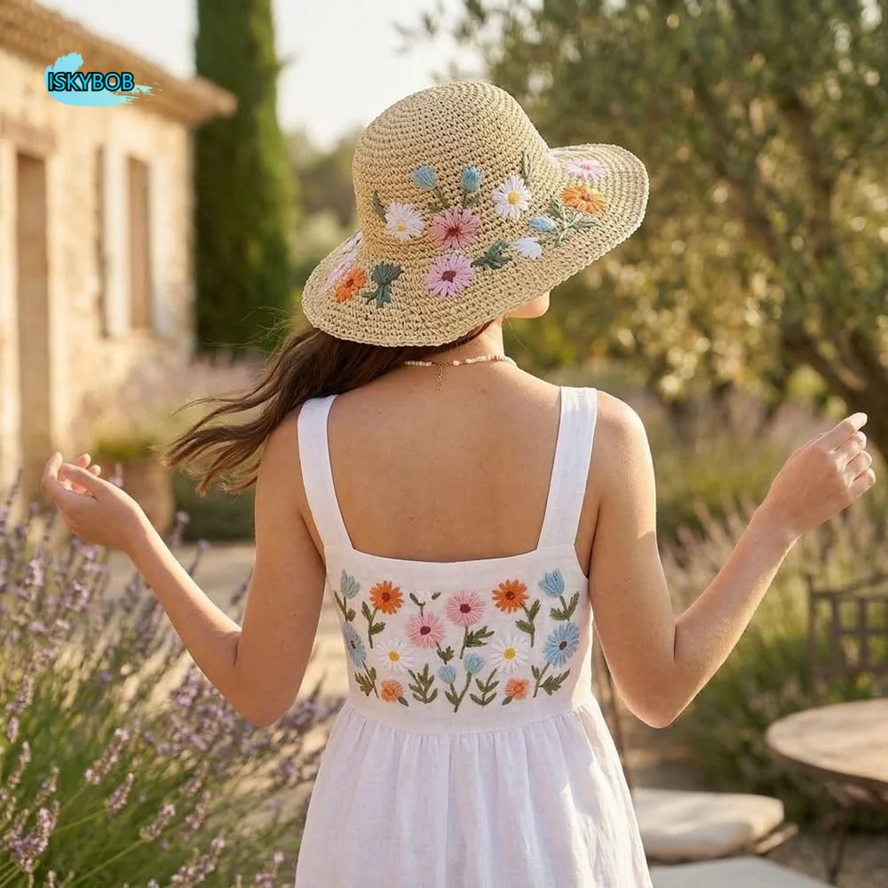 

Fashion Colorful Flower Straw Hat Boho Wide Brim Weave Hat Embroidered Flower Foldable Women's Sun Hats Girls