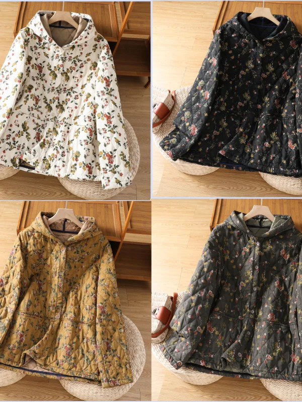 

Loose Women's Cotton Jaet Floral Print Linen Winter Coat Warmth Comfortable Long Sve Regular Fit Single Button Closure