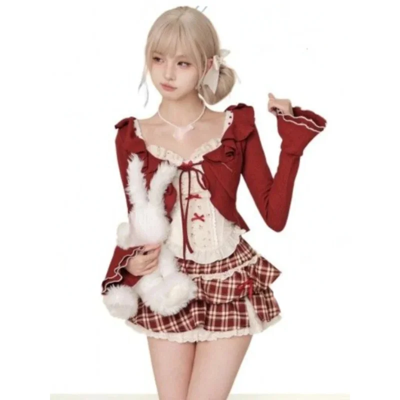 Traje de falda Vintage de 3 piezas para mujer, cárdigan Kawaii con volantes, prendas de vestir, chaleco ajustado, blusa + faldas ajustadas Y2k, conjuntos de fiesta de noche de Lolita