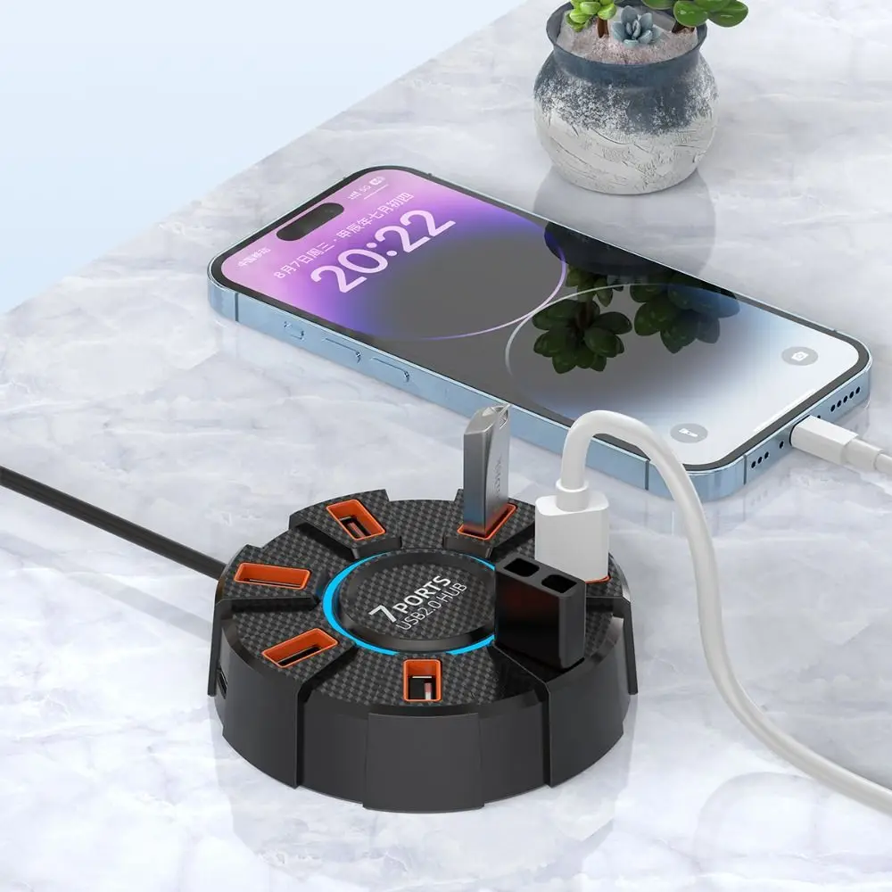 RGB الخلفية 7 منافذ متعددة المتوسع تمديد عالية السرعة USB 2.0 Hub 1 في 7 USB الفاصل متعدد الفاصل محول مهايئ شاحن