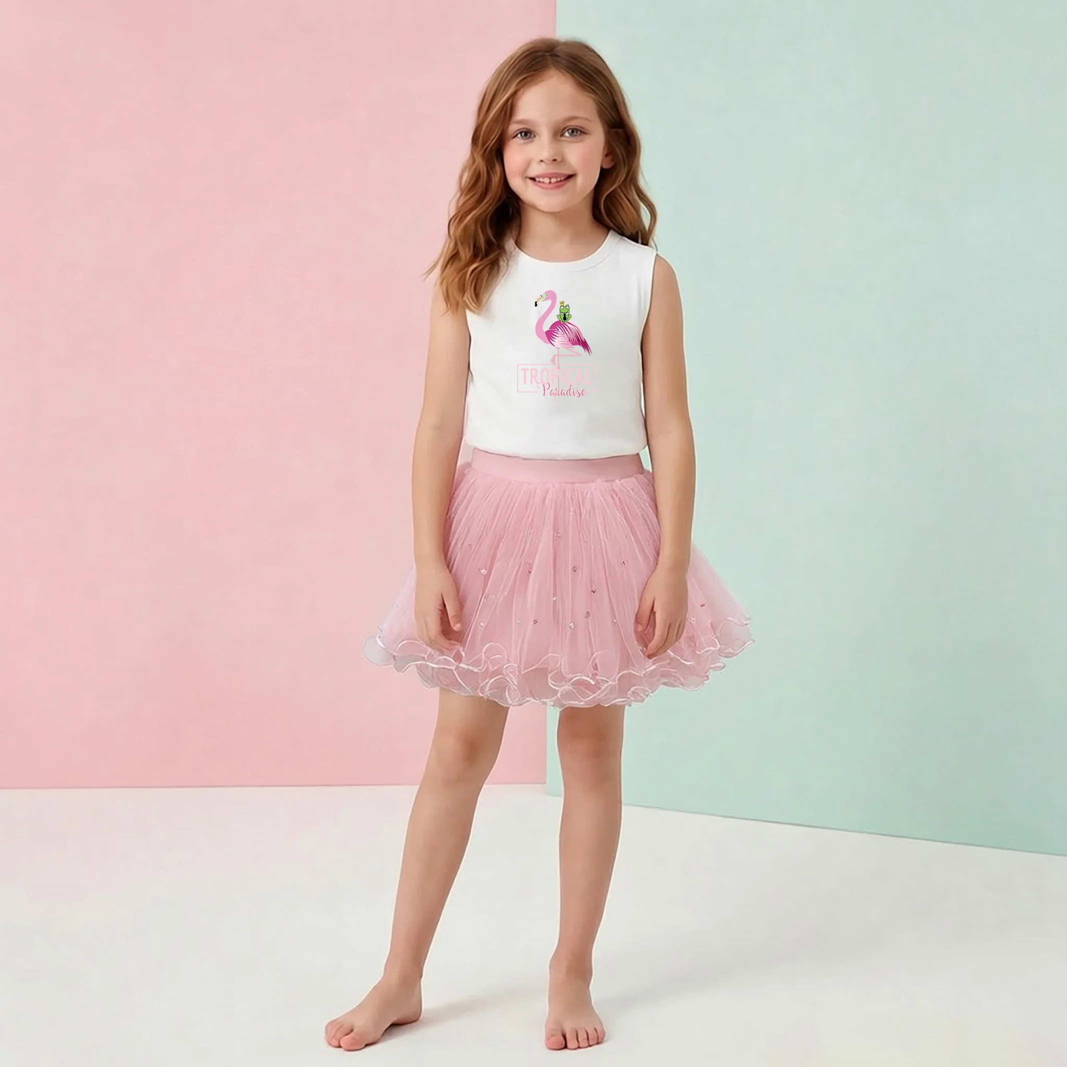 Sommer-Kleidungsset für kleine Mädchen, lustiges Flamingo-Grafik-Top, glänzender gepunkteter Rüschen-Tüll-Tutu-Rock, Geburtstagsoutfit, Mädchenkleid