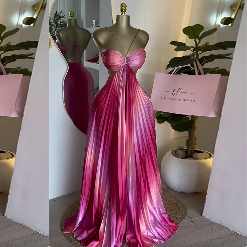 

Pink Gradient Color Women Prom Dress Sexy Lace Up Back Sleeveless Ruched Ruffles Party Gown Casual Formal Prom Birthday Robe