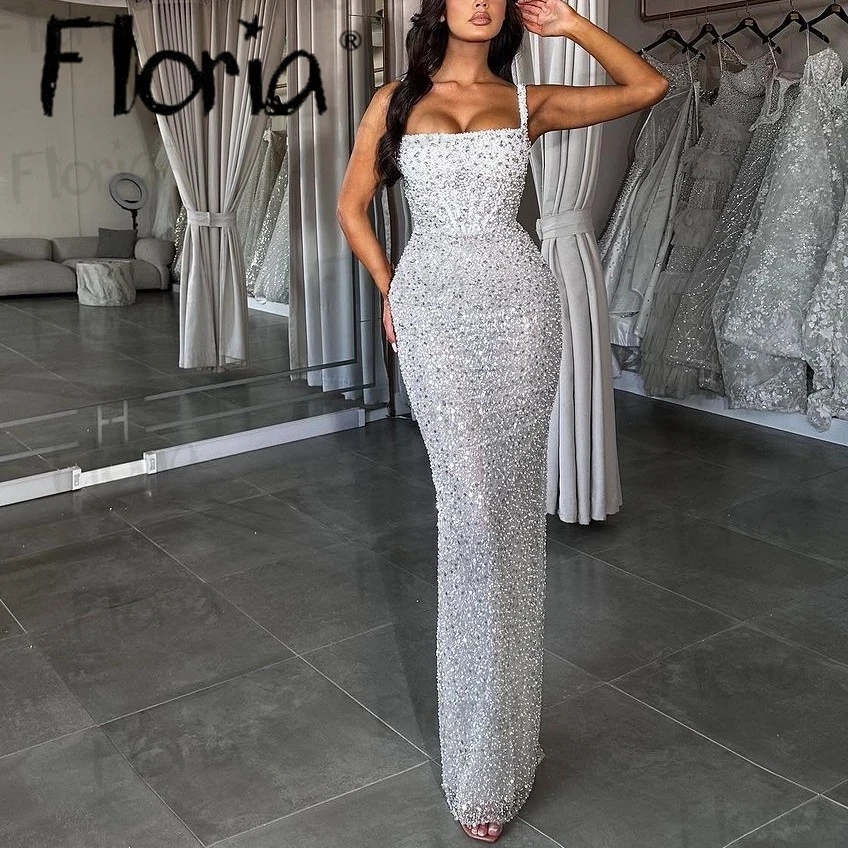 White Straps Party Dress Full Pearls Crystals Dubai Bridal Engagement Dress Straight Floor Formal Occasion Dresses Robe Soirée