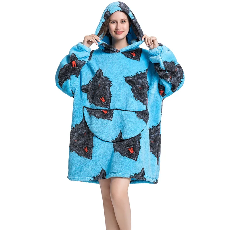 Hooded Wearable Flannel Blanket Cartoon Print One Size Adults 1Pc 90cm Warm Cozy for Lounging Birthday Holiday Gift