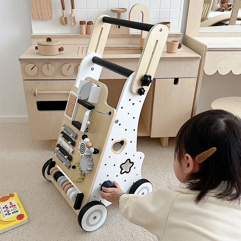 Lazychild deslizante walker carrinho de bebê anti em forma de o perna anti rollover multi-funcional de madeira ajuda para caminhada exercício mãos pés