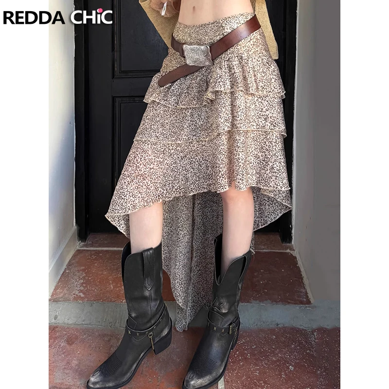 

ReddaChic винтажная леопардовая женская юбка-тортик, летняя многослойная юбка трапециевидной формы с рюшами, плиссированная длинная юбка с высокой посадкой Y2k, женская одежда