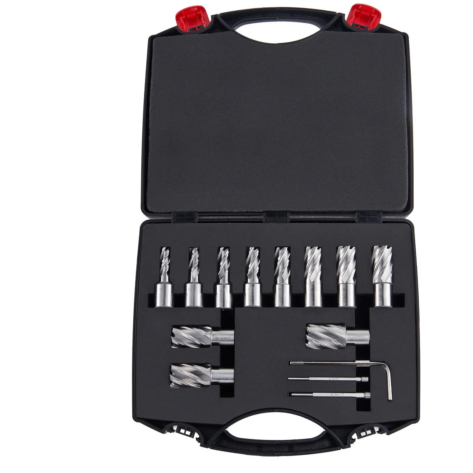 13 Piece Annular Cutter Set 7/16 to 1 1/16 Inch Cutting Diameter 1 Inch Depth M2AL HSS Weldon Shank Magnetic Drill Bits with 2 Pilot Pins Hex Wrench and Carrying Case