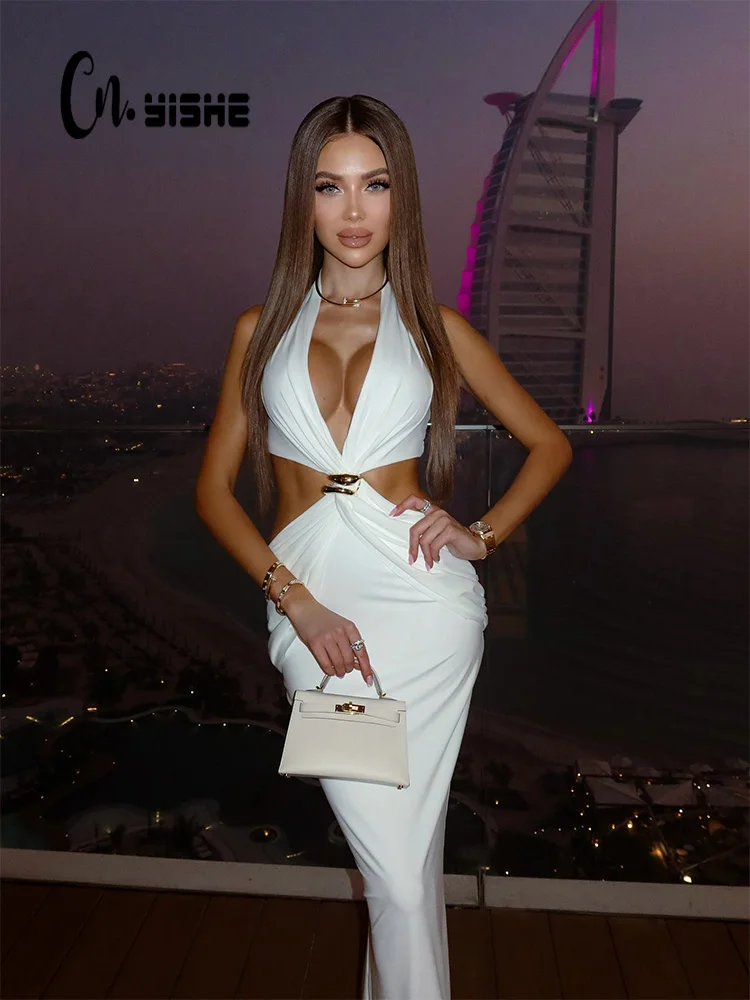 CNYISHE Halter cuello en V moda sólido recortado Sexy Club fiesta mujeres vestidos moda cadera envoltura vaina espalda descubierta trajes femeninos ceñido al cuerpo