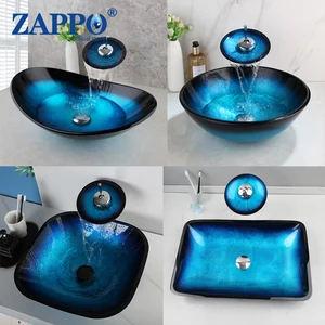 Zappo Tempered Glass Bathroom Vase, Waterfall Oval Sink, Black Tap Tap, Blue Vessel Sinks, Above the Basin 6 Main Sales Cuba Sink Bathroom - №1