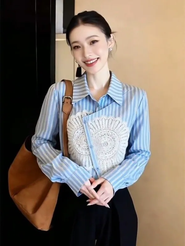 

Unique Beautiful Women's Early Spring Blue Striped Lace Patchwork irt Korean Sle Long Sve Collar Breathable Skin-...