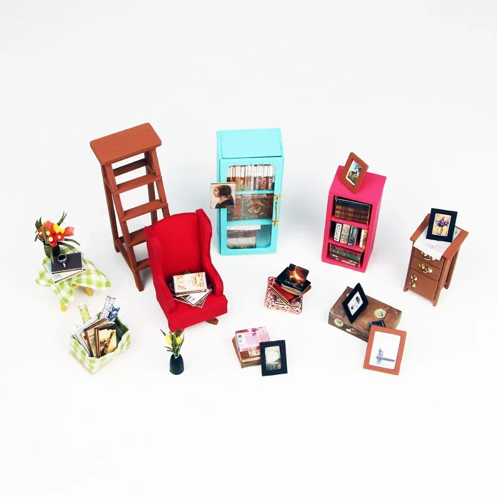 Livraria LED para crianças, Dollhouse Miniatura De Madeira, Kit De Móveis, DIY Home Puzzle Brinquedos