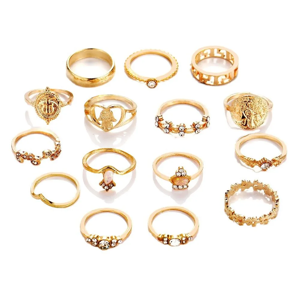 15 Retro Lady Jewelry Retro Gold-color Coins Cross Love Ring Europe And America Portrait Water Drill Ring Set Woman image 5