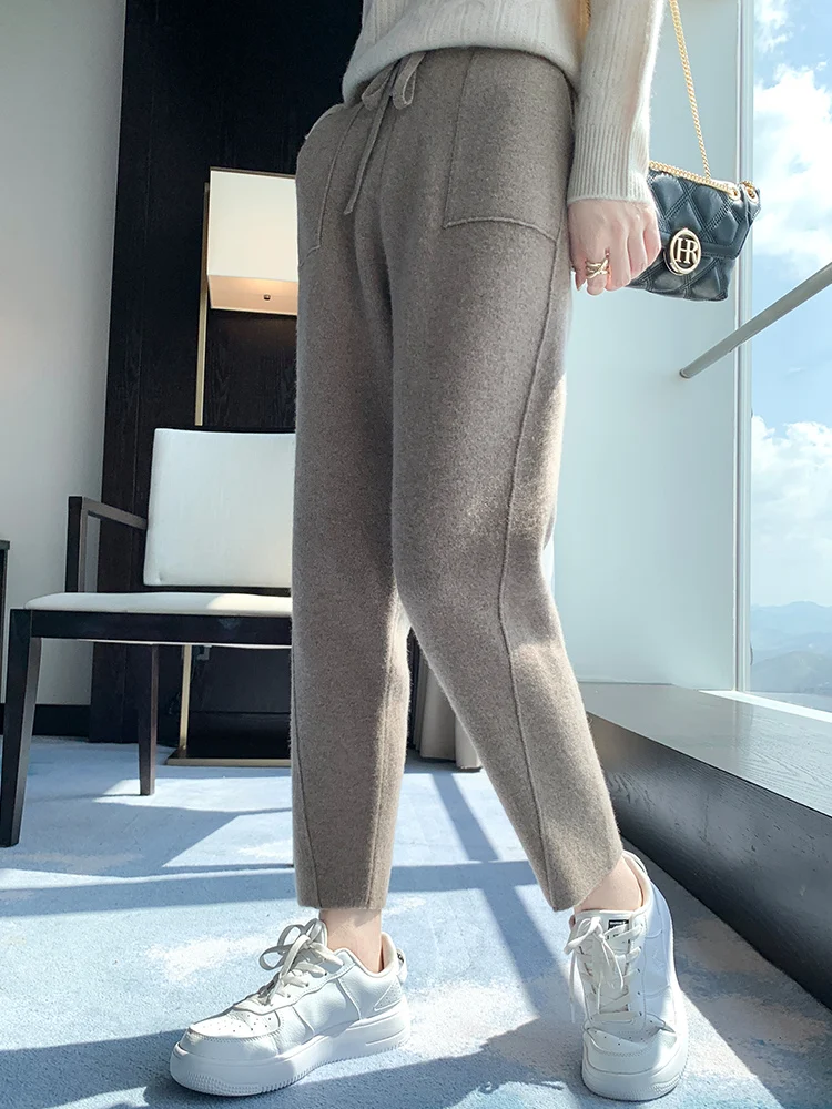 

Women's Wool Pencil Pants 100% Merino Wool Warm Trousers Spring Autumn Winter High-Quality Elastic Waist Drawstring Pants ﻿