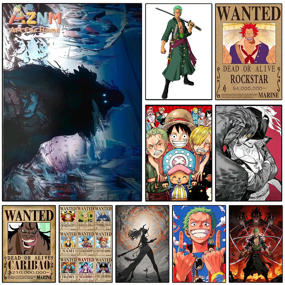 AZNM One Piece Roronoa Zoro Capa Verde Katana Anime Arte de Parede em Tela