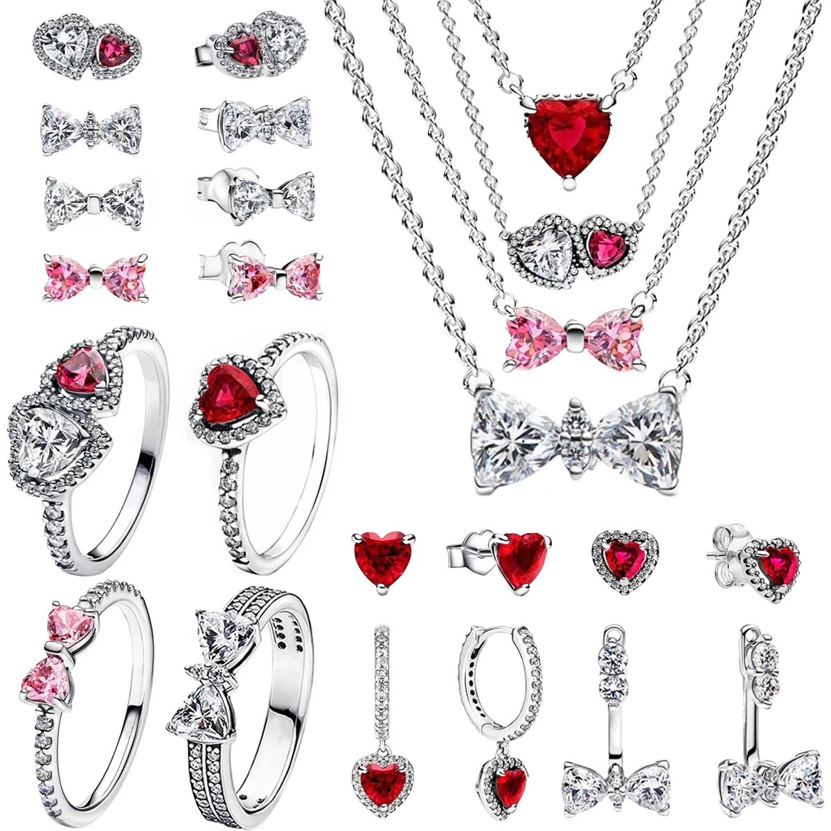 New 925 Sterling Silver Sparkling Heart Halo Pendant Collier Necklace Red Heart Ring Round Hoop Earrings Women Jewelry Set Gift