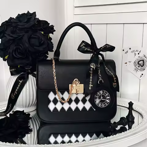 JIAERDI Sweet Bow-knot Handbags Women Japanese Kawaii Lolita Square Crossbody Bags Ladies Chessboard Diamond Grid Black Itabag