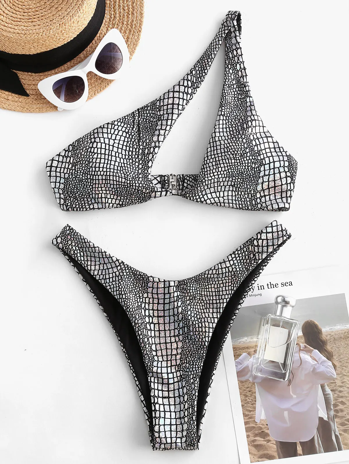 Zaful-ワンショルダーワンショルダー水着、メタリック、スネークスキン、女性用